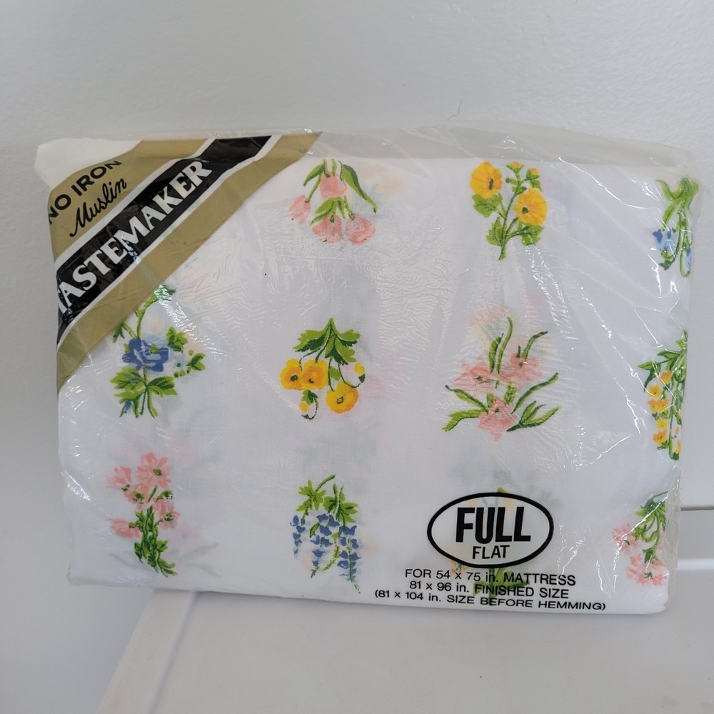 Vtg New Wastemaker by Mohawk NO Iron Muslin Full FLAT Sheet Field Trip Print USA